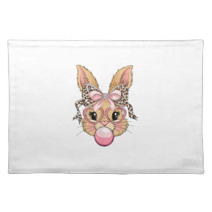 Cute Bunny Rabbit Face Leopard Glasses Girl Happy  Cloth Placemat