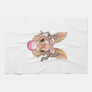 Cute Bunny Rabbit Face Leopard Glasses Girl Happy  Kitchen Towel