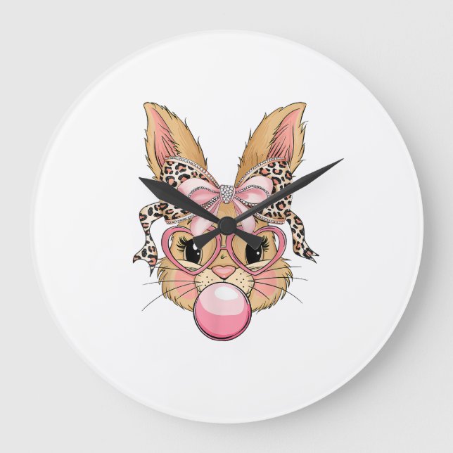 Cute Bunny Rabbit Face Leopard Glasses Girl Happy  Large Clock (Front)