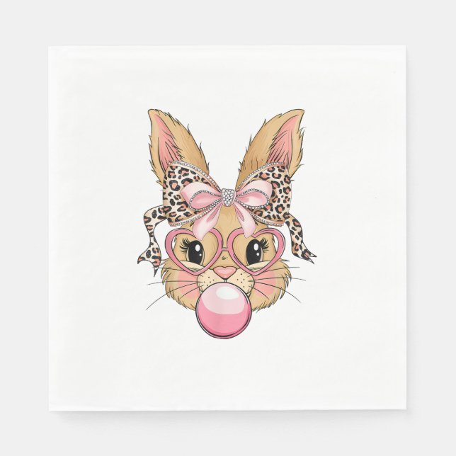 Cute Bunny Rabbit Face Leopard Glasses Girl Happy  Napkins (Front)