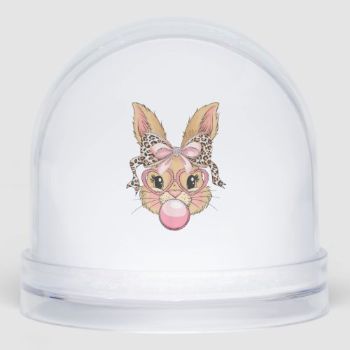 Cute Bunny Rabbit Face Leopard Glasses Girl Happy Snow Globe