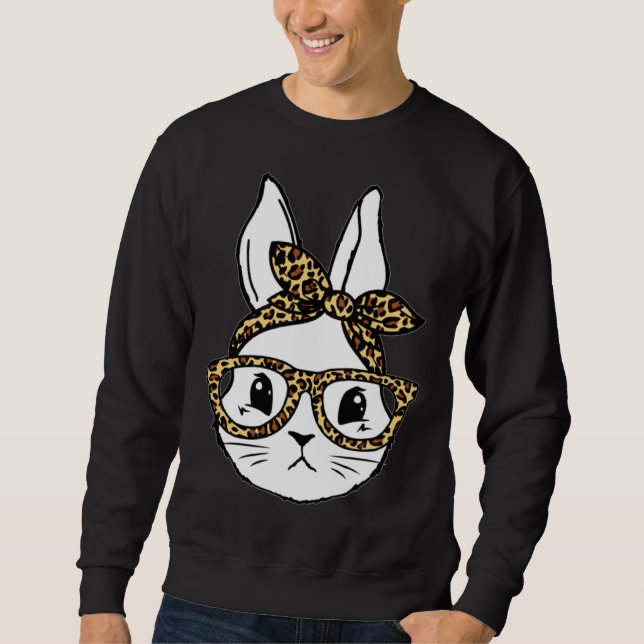 Cute Bunny Rabbit Face Messy Bun Leopard Glasses G Sweatshirt (Front)