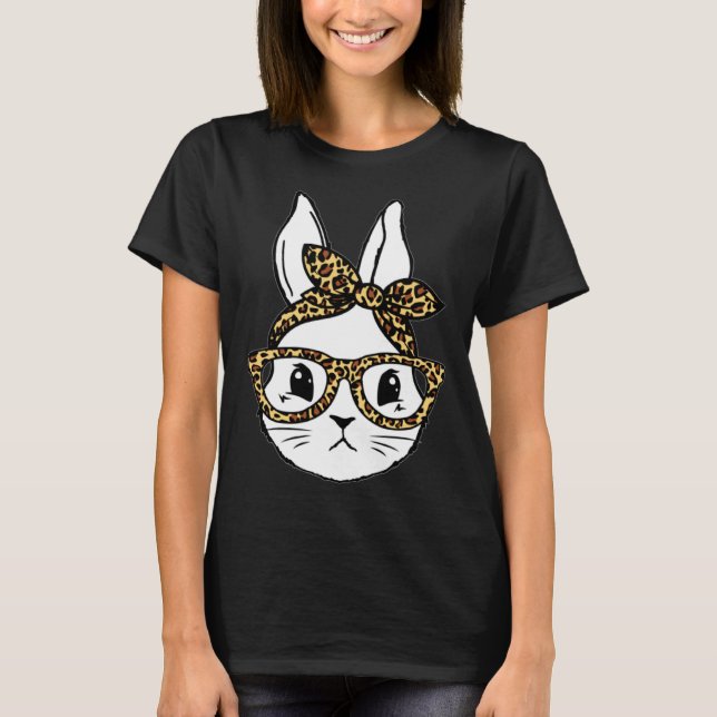 Cute Bunny Rabbit Face Messy Bun Leopard Glasses G T-Shirt (Front)