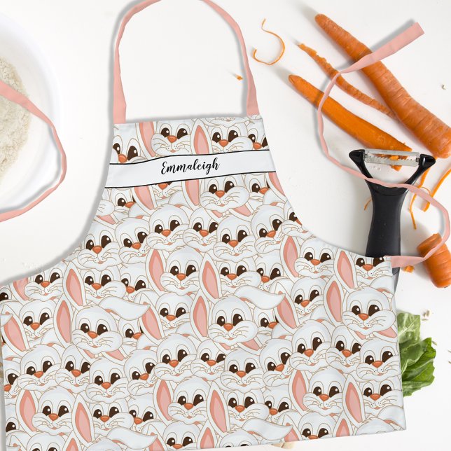 Cute Bunny Rabbit Face Pattern Monogrammed Apron (Creator Uploaded)