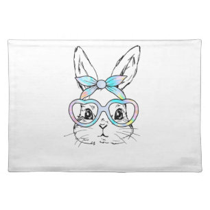 Cute Bunny Rabbit Face Tie Dye Glasses Girl Happy  Cloth Placemat