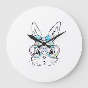 Cute Bunny Rabbit Face Tie Dye Glasses Girl Happy  Large Clock