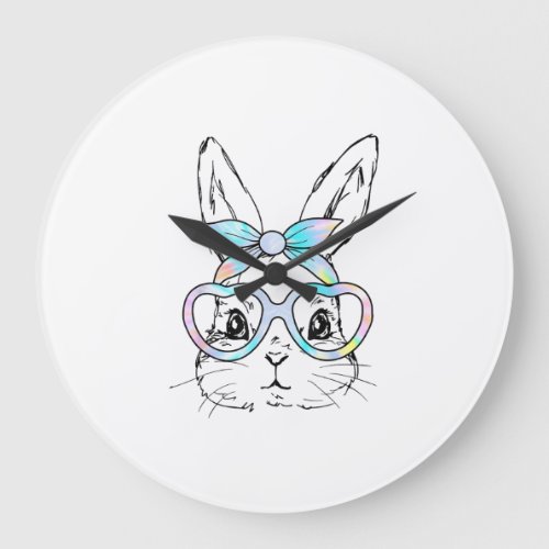 Cute Bunny Rabbit Face Tie Dye Glasses Girl Happy  Large Clock