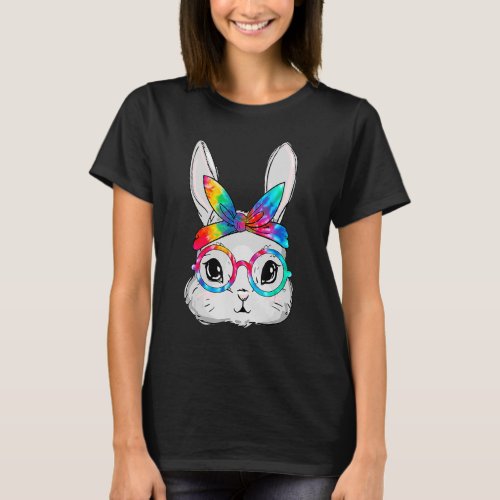 Cute Bunny Rabbit Face Tie Dye Glasses Girl Happy  T_Shirt