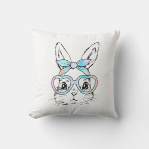 Cute Bunny Rabbit Face Tie Dye Glasses Girl Happy  Throw Pillow