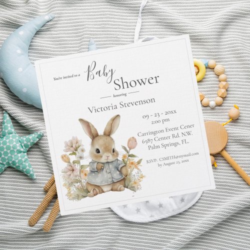 Cute Bunny Rabbit Floral Baby Shower Invitation