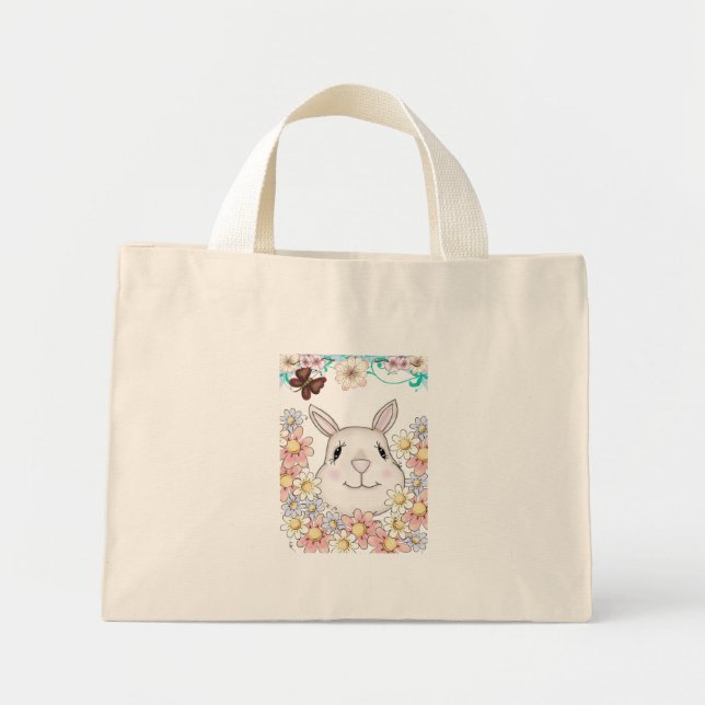 Cute Bunny Rabbit Flowers & Butterflies Mini Tote Bag (Front)
