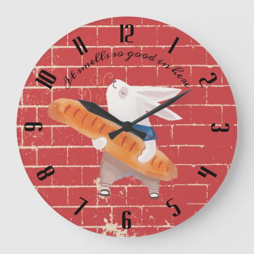 Cute bunny rabbit fresh baked bread kitchen large clock