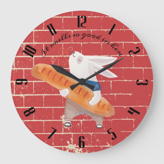 Cute bunny rabbit fresh baked bread kitchen large clock (Front)