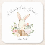 Cute Bunny Rabbit Girl Baby Square Paper Coaster<br><div class="desc">Elegant and sweet watercolor baby bunny rabbit in a wicker basket surrounded by elegant soft pastel colored flowers on a simple paper coaster.  So cute for that special baby girl shower.  Matching products available.  100% customer satisfaction with “Zazzle”</div>