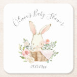 Cute Bunny Rabbit Girl Baby Square Paper Coaster<br><div class="desc">Elegant and sweet watercolor baby bunny rabbit in a wicker basket surrounded by elegant soft pastel colored flowers on a simple paper coaster.  So cute for that special baby girl shower.  Matching products available.  100% customer satisfaction with “Zazzle”</div>