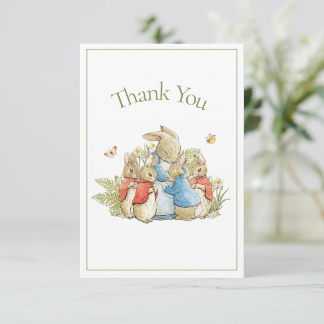 Cute Bunny Rabbit Green Baby Boy Girl Shower Thank You Card (Standing Front)