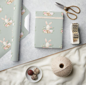 Cute Bunny Rabbit Green Baby Shower Wrapping Paper