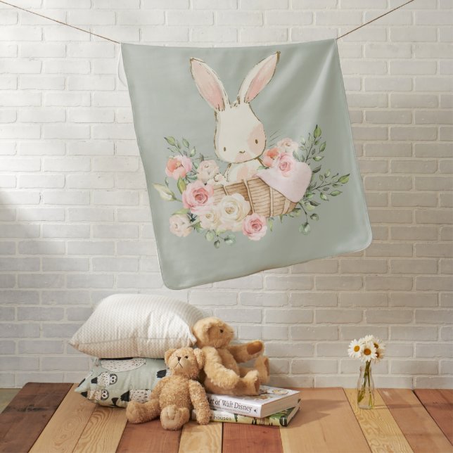 Cute Bunny Rabbit Green Personalized Modern Baby Blanket (In Situ)