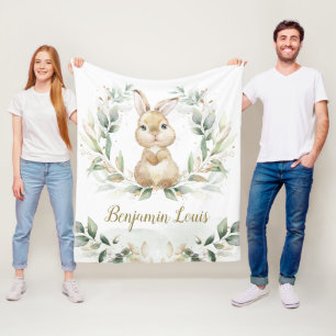Cute Bunny Rabbit Greenery Gold Neutral Nursery Fleece Blanket