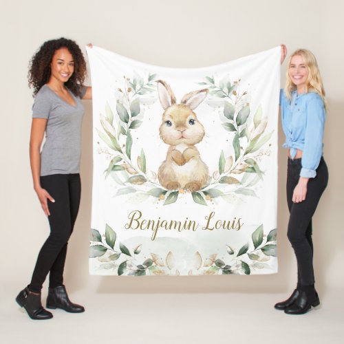 Cute Bunny Rabbit Greenery Gold Neutral Nursery Fleece Blanket