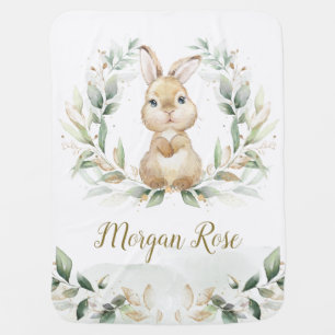 Cute Bunny Rabbit Greenery Wreath Neutral Nursery Baby Blanket
