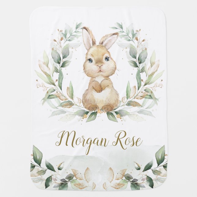 Cute Bunny Rabbit Greenery Wreath Neutral Nursery Baby Blanket (Front)