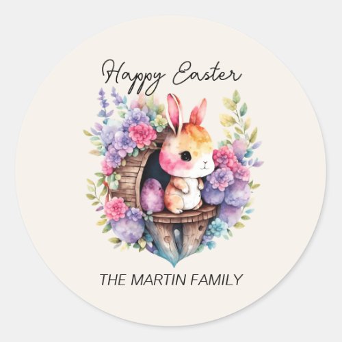 Cute Bunny Rabbit Happy Easter Family Name Classic Round Sticker