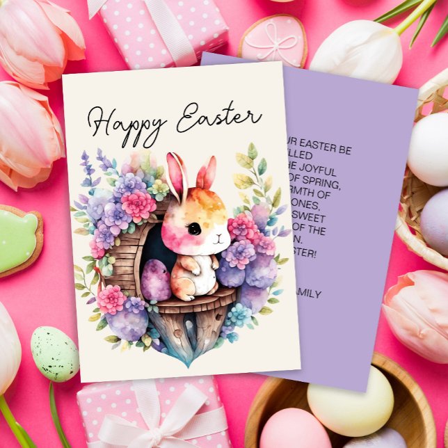 Cute Bunny Rabbit Happy Easter Family Name Holiday Card (Cute Easter bunny with pink and purple flowers greeting card)