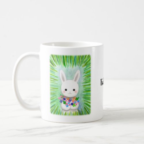 Cute Bunny Rabbit Holding Flowers Custom name Gift Coffee Mug