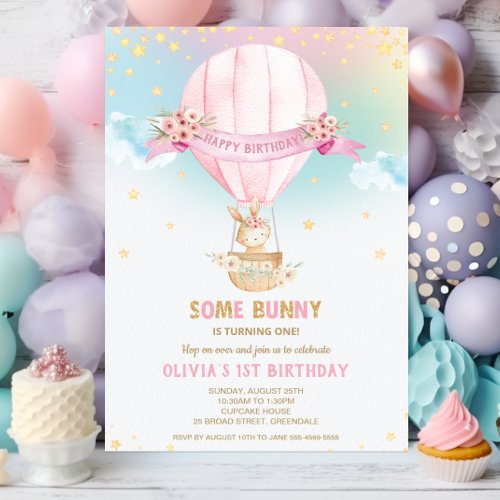 Cute Bunny Rabbit Hot Air Balloon 1st Birthday Invitation