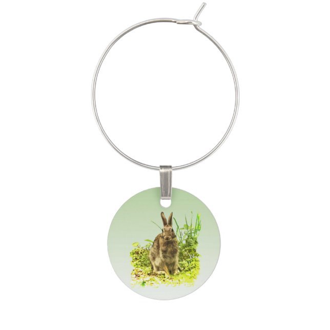 Cute Bunny Rabbit in Grass Wine Charm (Front)