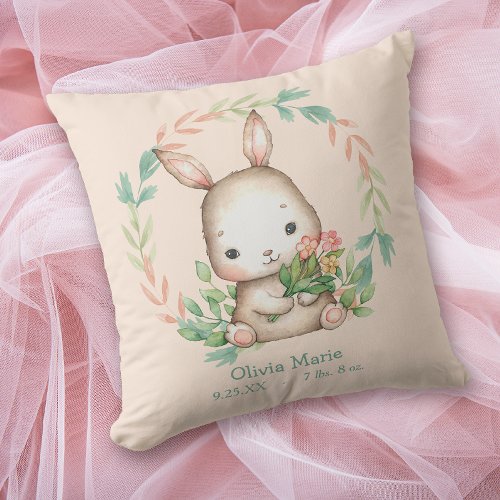 Cute Bunny Rabbit Leaf Wreath Baby Nursery Throw Pillow