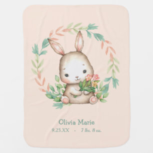 Cute Bunny Rabbit Leaf Wreath Nursery Baby Blanket