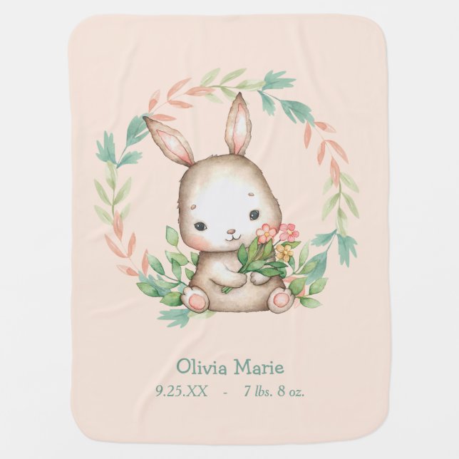 Cute Bunny Rabbit Leaf Wreath Nursery  Baby Blanket (Front)