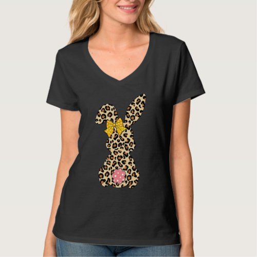 Cute Bunny Rabbit Leopard Bow Tie Happy Easter Day T_Shirt