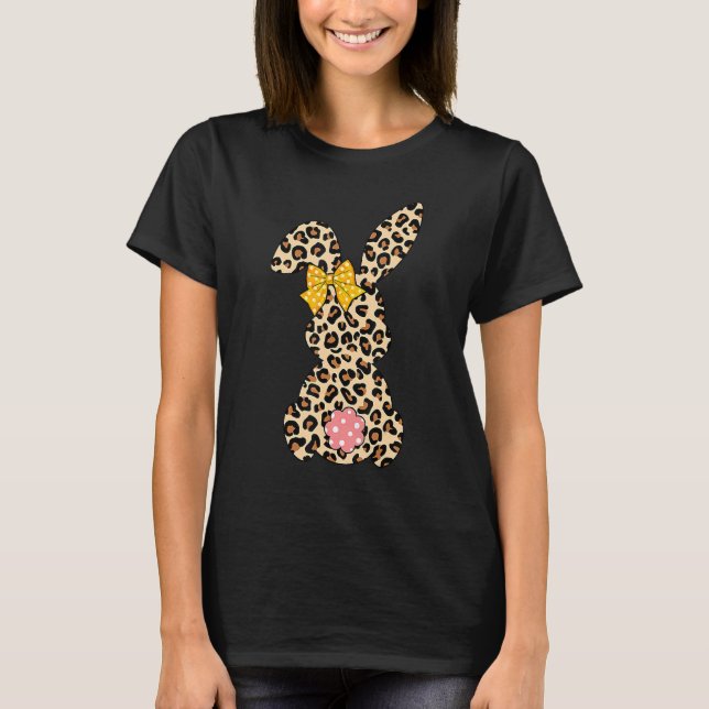Cute Bunny Rabbit Leopard Bow Tie Happy Easter Day T-Shirt (Front)