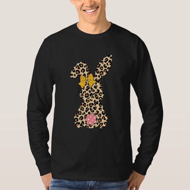 Cute Bunny Rabbit Leopard Bow Tie Happy Easter Day T-Shirt (Front)