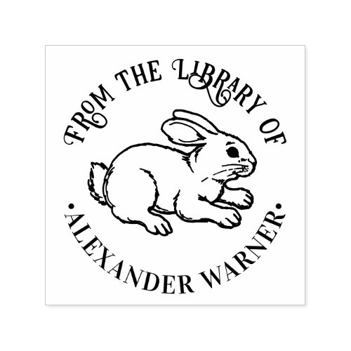 Cute Bunny Rabbit Line Art Round Library Book Name Self_inking Stamp