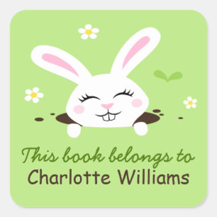 Cute bunny rabbit looking out bookplate book