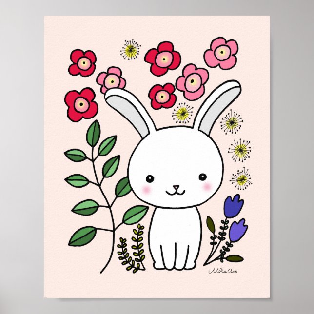Cute Bunny Rabbit Nursery Art Poster Floral Animal (Front)