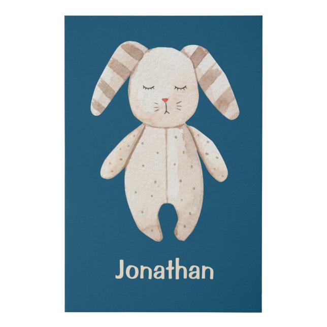 Cute Bunny Rabbit Nursery Blue Rustic Faux Canvas Print (Front)