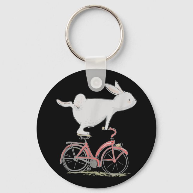 Cute Bunny Rabbit On Bike Cycling Bicycle Keychain (Front)