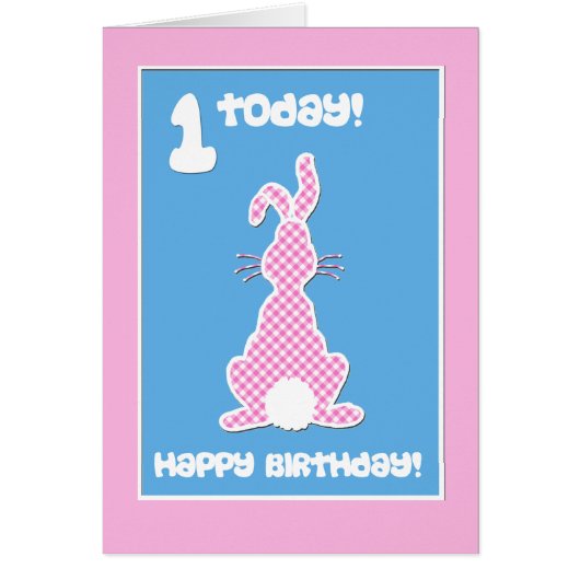 Cute Bunny Rabbit on Pink Check Ist Birthday (Front)