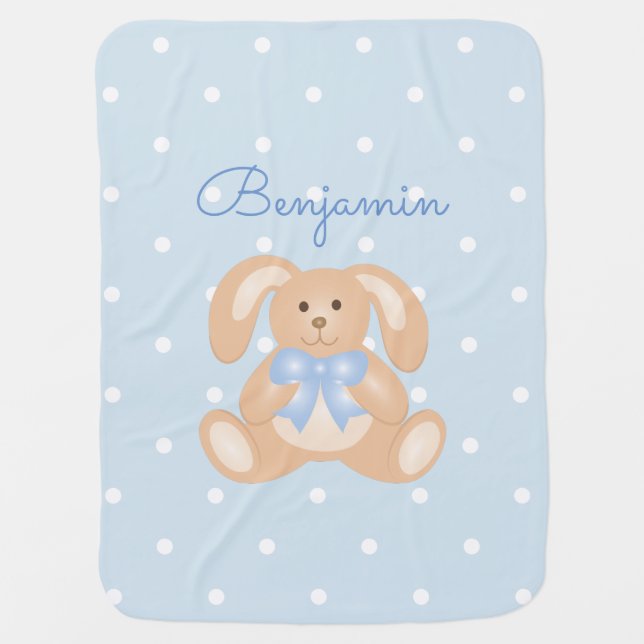 Cute Bunny Rabbit Pastel Blue Ribbon Nursery Baby Blanket (Front)