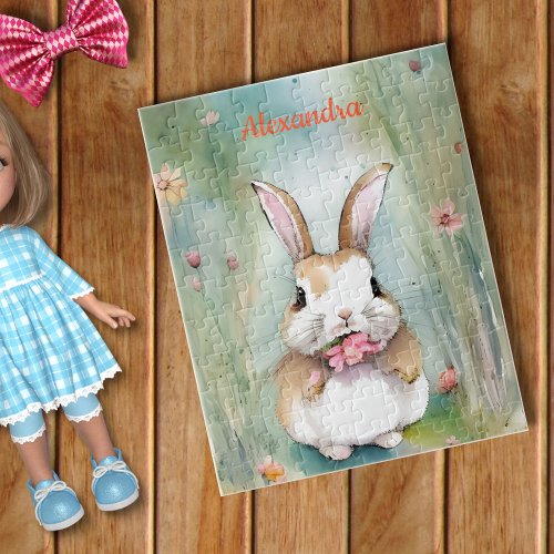 Cute Bunny Rabbit Pastel Watercolor Spring Flowers Jigsaw Puzzle