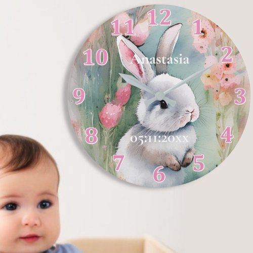 Cute Bunny Rabbit Pastel Watercolor Spring Flowers Large Clock