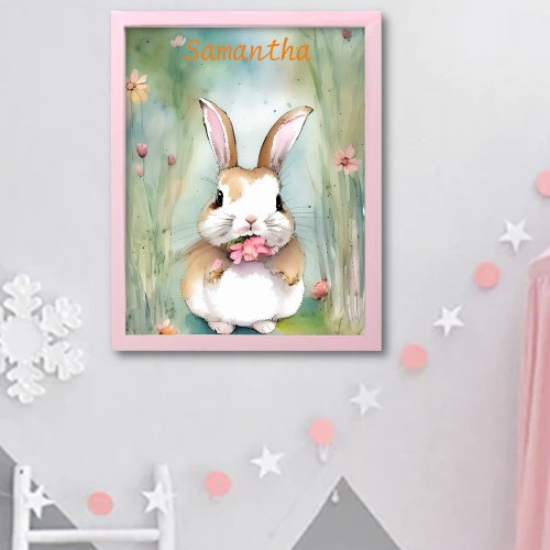 Cute Bunny Rabbit Pastel Watercolor Spring Flowers Poster