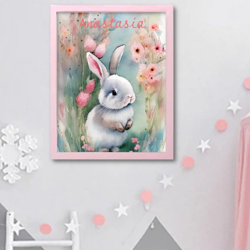 Cute Bunny Rabbit Pastel Watercolor Spring Flowers Poster