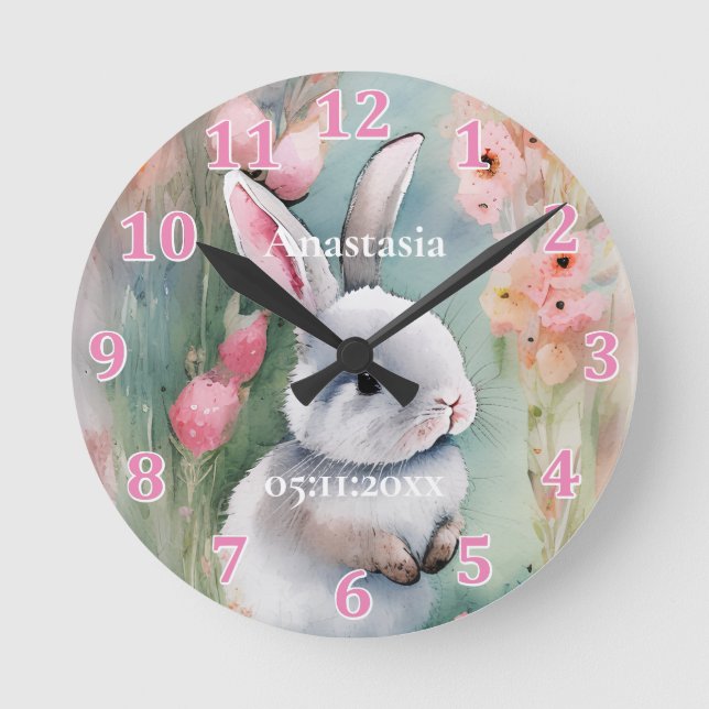 Cute Bunny Rabbit Pastel Watercolor Spring Flowers Round Clock (Front)