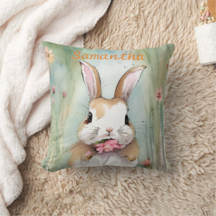 Cute Bunny Rabbit Pastel Watercolor Spring Flowers Throw Pillow